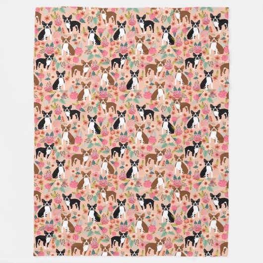 ボストンテリアースブランケット – 花模様デザイン フリースブランケット (正面)