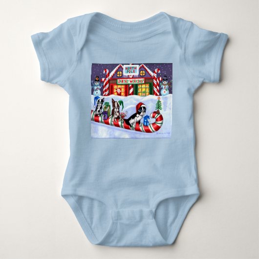 ボストンテリアーズキャンディケインサンタクリスマス雪だるま ベビーボディスーツ (正面)