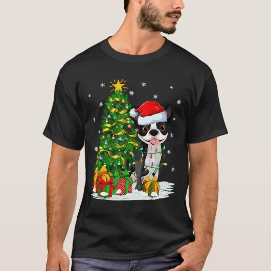 ボストンテリアードッグクリスマスツリーサンタ Tシャツ (正面)