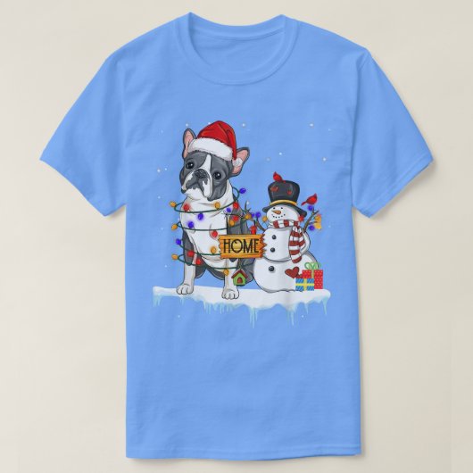 ボストンテリアードッグクリスマス雪だるまクリスマスライトP Tシャツ (デザイン正面)