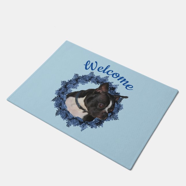 ボストンテリアードッグフローラリース歓迎 ドアマット (アングル)