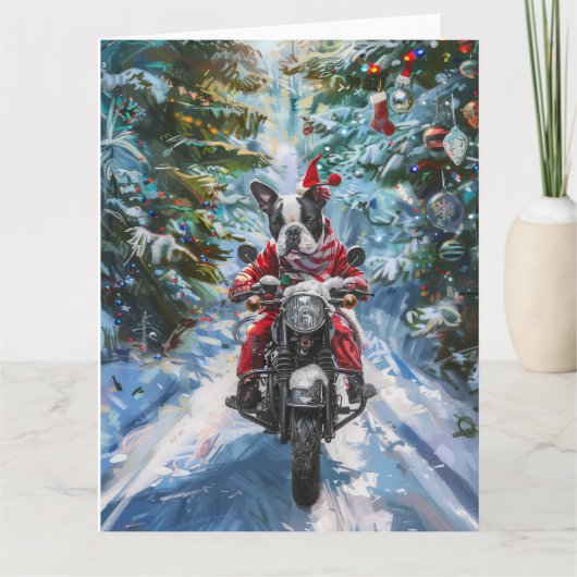 ボストンテリアードッグライディングオートバイクリスマス カード (正面)