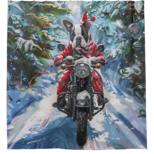 ボストンテリアードッグライディングオートバイクリスマス シャワーカーテン (正面)