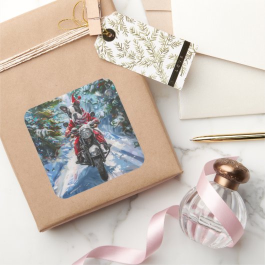ボストンテリアードッグライディングオートバイクリスマス スクエアシール (ギフト)