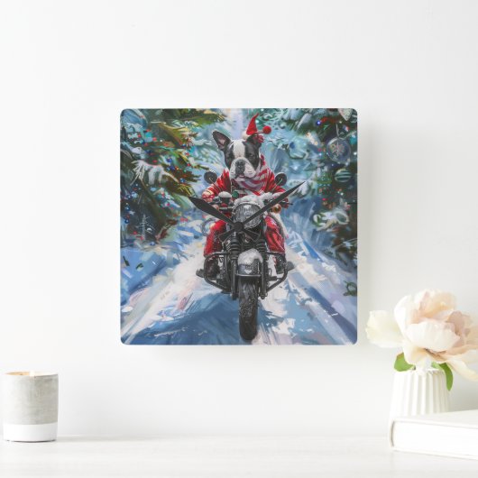 ボストンテリアードッグライディングオートバイクリスマス スクエア壁時計 (ホーム)