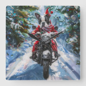 ボストンテリアードッグライディングオートバイクリスマス スクエア壁時計 (正面)