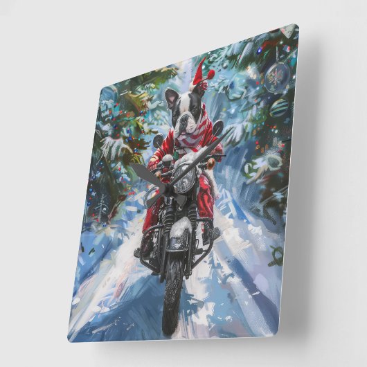 ボストンテリアードッグライディングオートバイクリスマス スクエア壁時計 (傾斜)
