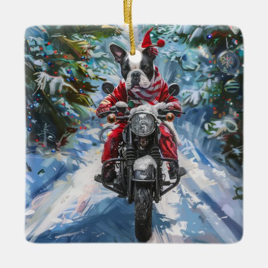 ボストンテリアードッグライディングオートバイクリスマス セラミックオーナメント (正面)