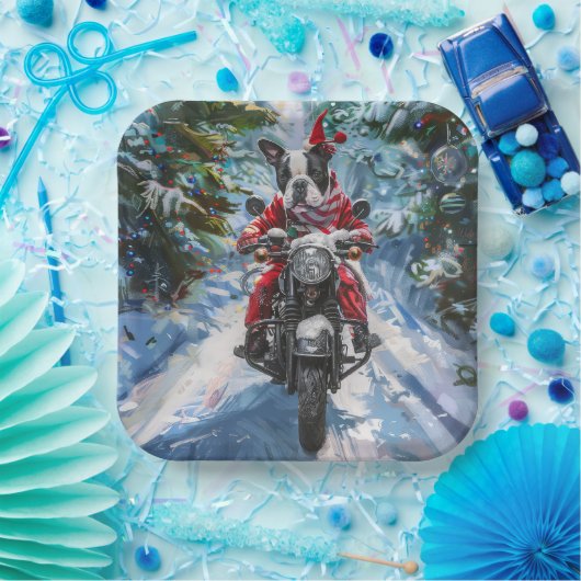 ボストンテリアードッグライディングオートバイクリスマス ペーパープレート (パーティー)