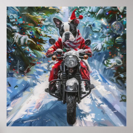 ボストンテリアードッグライディングオートバイクリスマス ポスター (正面)