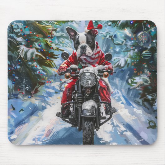 ボストンテリアードッグライディングオートバイクリスマス マウスパッド (正面)