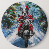 ボストンテリアードッグライディングオートバイクリスマス 缶バッジ (正面)