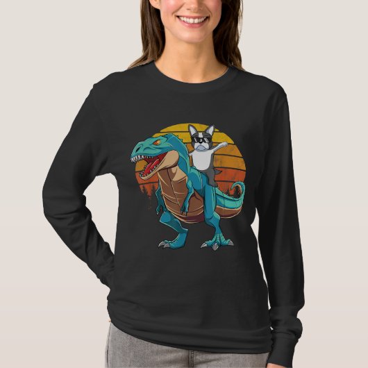 ボストンテリアードッグ恐竜Tレックス少年 Tシャツ (正面)