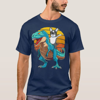 ボストンテリアードッグ恐竜Tレックス少年 Tシャツ