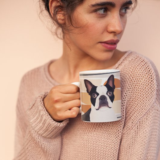 ボストンテリアードッグ – オレンジ幾何学模様 コーヒーマグカップ