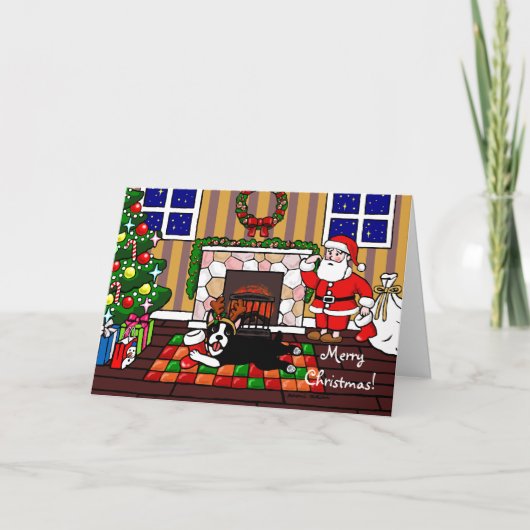 ボストンテリア及びサンタのクリスマスの漫画3 シーズンカード (正面)