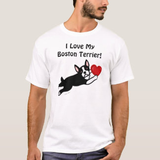 ボストンテリア及び赤いハートの漫画 Tシャツ