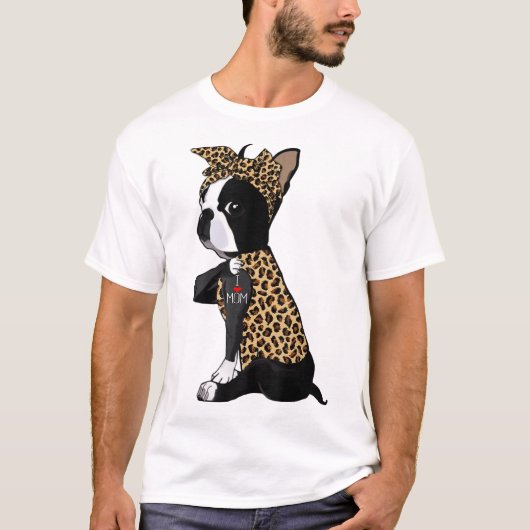 ボストンテリア恋人I愛ママTattoo Leopard Mot Tシャツ (正面)