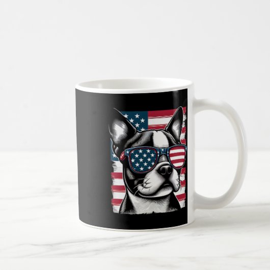 ボストンテリア愛国心サングラスレスアメリカ国旗 コーヒーマグカップ (右)