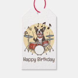 ボストンテリア犬がドラム演奏 誕生日おめでとう ギフトタグ