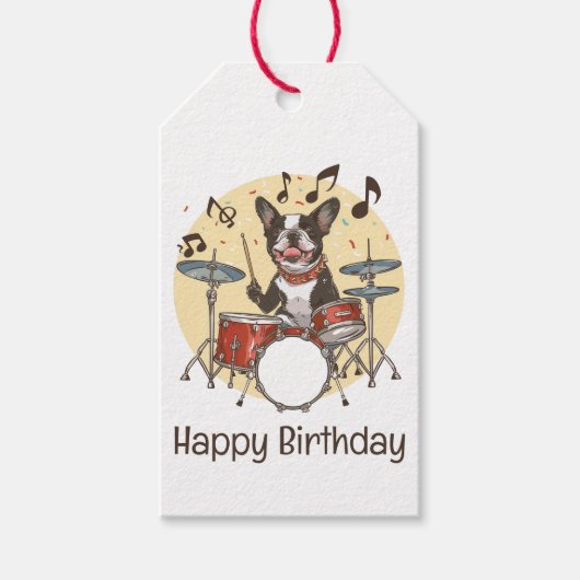 ボストンテリア犬がドラム演奏 誕生日おめでとう ギフトタグ (正面)