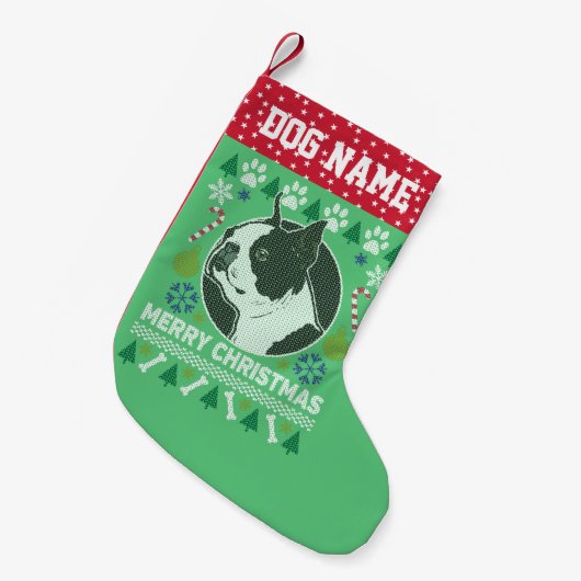 ボストンテリア犬が醜いクリスマスセーターを育てる スモールクリスマスストッキング (正面 (吊り時))