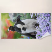 ボストンテリア犬のかわいい子犬の動物のヘッド写真、 ビーチタオル (正面)