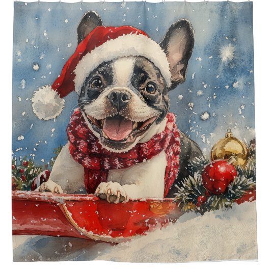 ボストンテリア犬のソリで雪のクリスマスを許可 シャワーカーテン (正面)