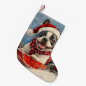 ボストンテリア犬のソリで雪のクリスマスを許可 スモールクリスマスストッキング (正面 (吊り時))