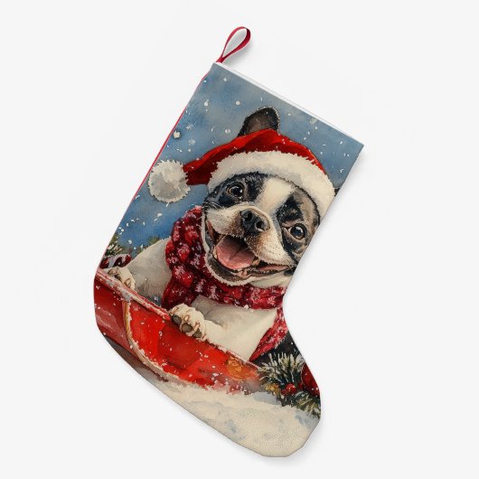 ボストンテリア犬のソリで雪のクリスマスを許可 スモールクリスマスストッキング (正面 (吊り時))