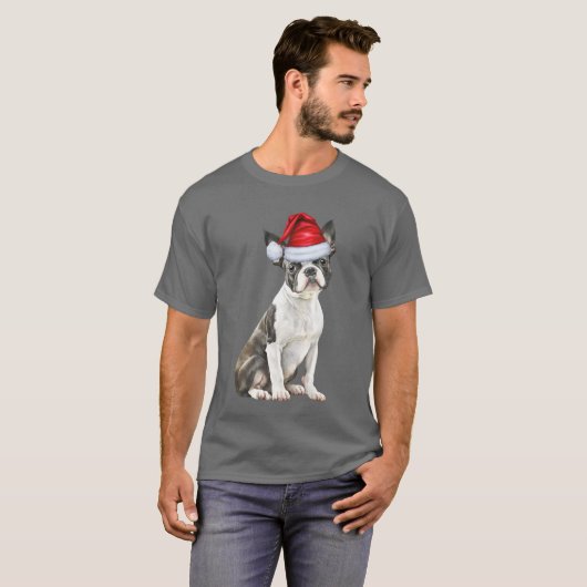 ボストンテリア犬の愛おもしろい者クリスマス Tシャツ (正面フル)