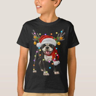 ボストンテリア犬クリスマスライトクリスマス犬愛好家 Tシャツ