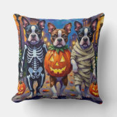 ボストンテリア犬ハロウィーンでのトリックまたはトリートメント クッション (正面)