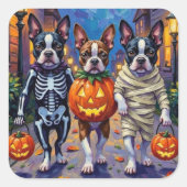ボストンテリア犬ハロウィーンでのトリックまたはトリートメント スクエアシール (正面)