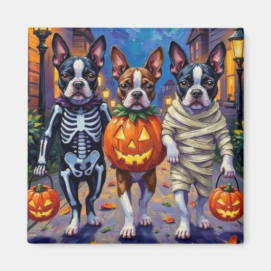 ボストンテリア犬ハロウィーンでのトリックまたはトリートメント マグネット (正面)