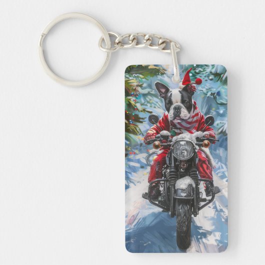 ボストンテリア犬バイクに乗るクリスマス キーホルダー (正面)