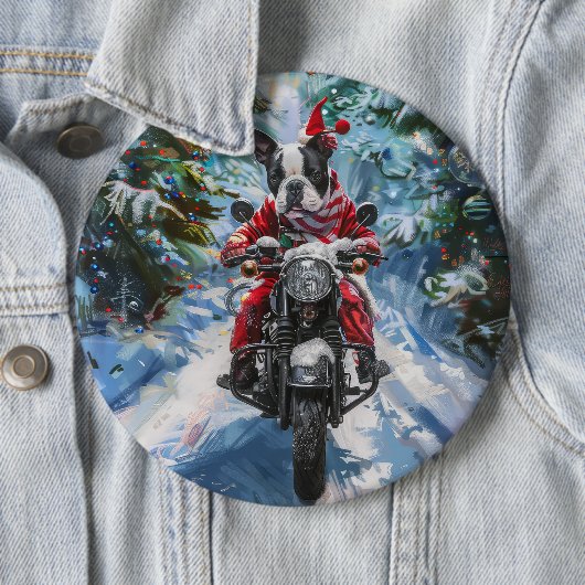 ボストンテリア犬バイクに乗るクリスマス 缶バッジ (インサイチュ)