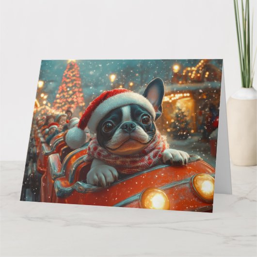 ボストンテリア犬ローラーコースタークリスマス カード (正面)