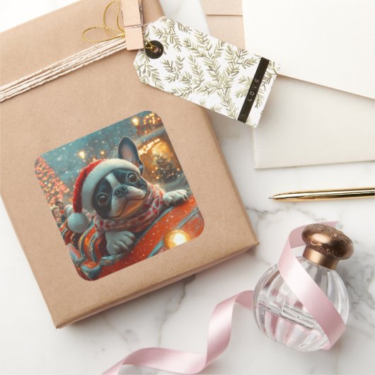 ボストンテリア犬ローラーコースタークリスマス スクエアシール (ギフト)