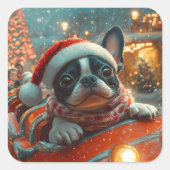 ボストンテリア犬ローラーコースタークリスマス スクエアシール (正面)