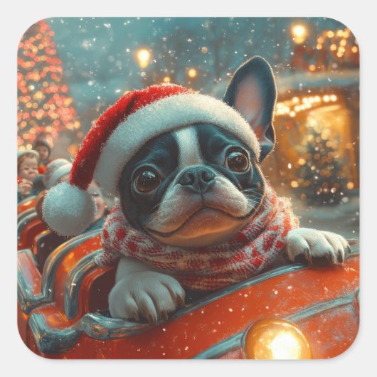 ボストンテリア犬ローラーコースタークリスマス スクエアシール (正面)