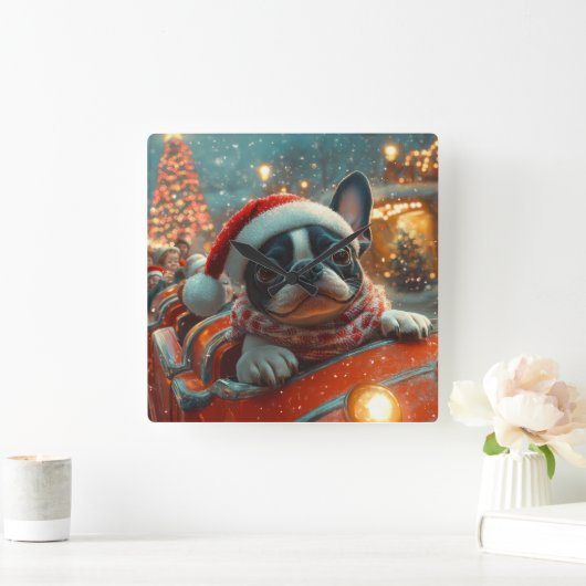 ボストンテリア犬ローラーコースタークリスマス スクエア壁時計 (ホーム)