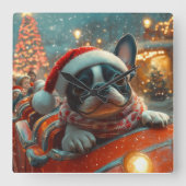 ボストンテリア犬ローラーコースタークリスマス スクエア壁時計 (正面)