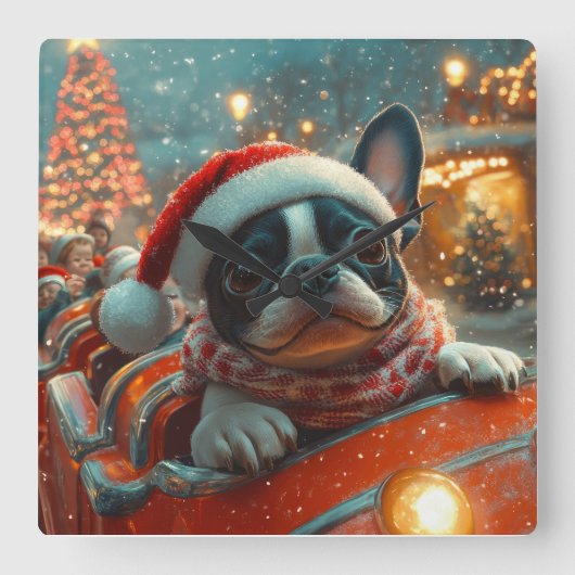 ボストンテリア犬ローラーコースタークリスマス スクエア壁時計 (正面)