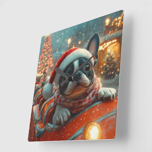 ボストンテリア犬ローラーコースタークリスマス スクエア壁時計 (傾斜)