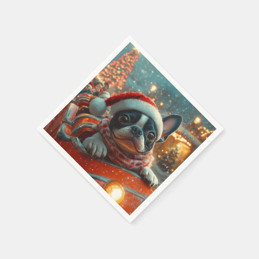 ボストンテリア犬ローラーコースタークリスマス スタンダードカクテルナプキン (角)