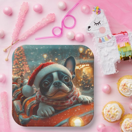 ボストンテリア犬ローラーコースタークリスマス ペーパープレート (パーティー)