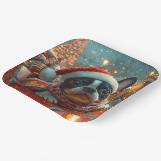 ボストンテリア犬ローラーコースタークリスマス ペーパープレート (傾斜あり)