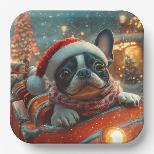 ボストンテリア犬ローラーコースタークリスマス ペーパープレート (正面)