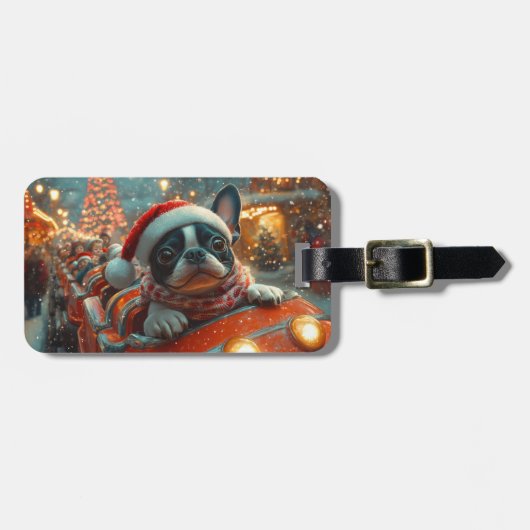 ボストンテリア犬ローラーコースタークリスマス ラゲッジタグ (正面横)